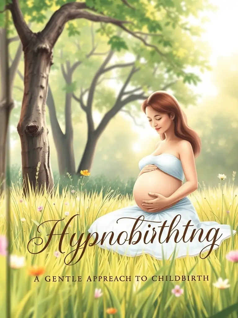 A book cover with a serene image of a pregnant woman. The title is "Hypnobirthing: A Gentle Approach to Childbirth".