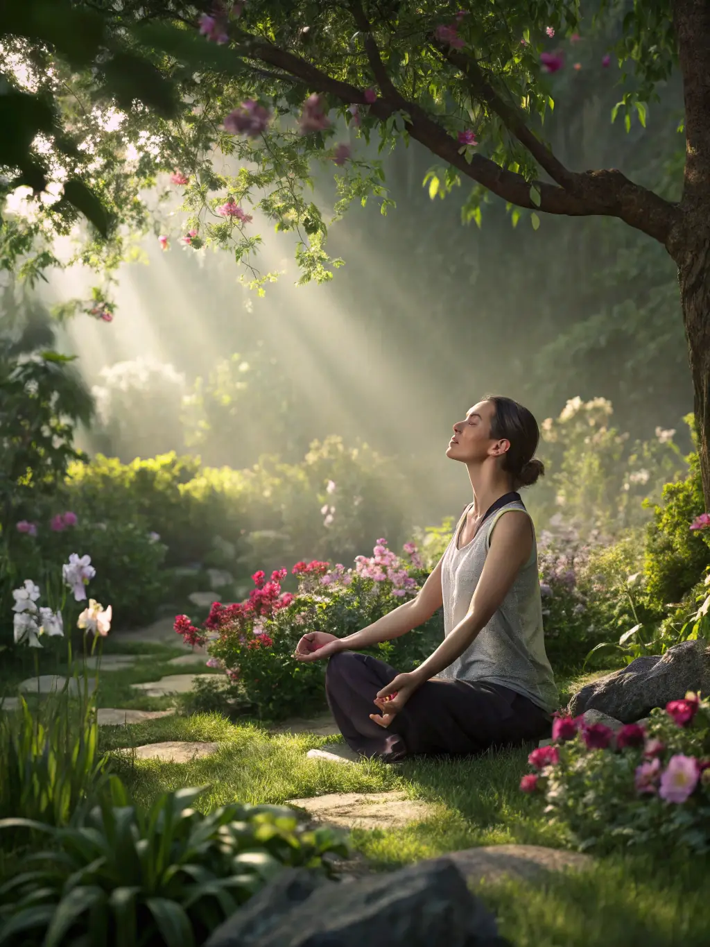 An image of a woman gently tapping on her face and hands in a relaxed, natural setting, demonstrating EFT tapping.