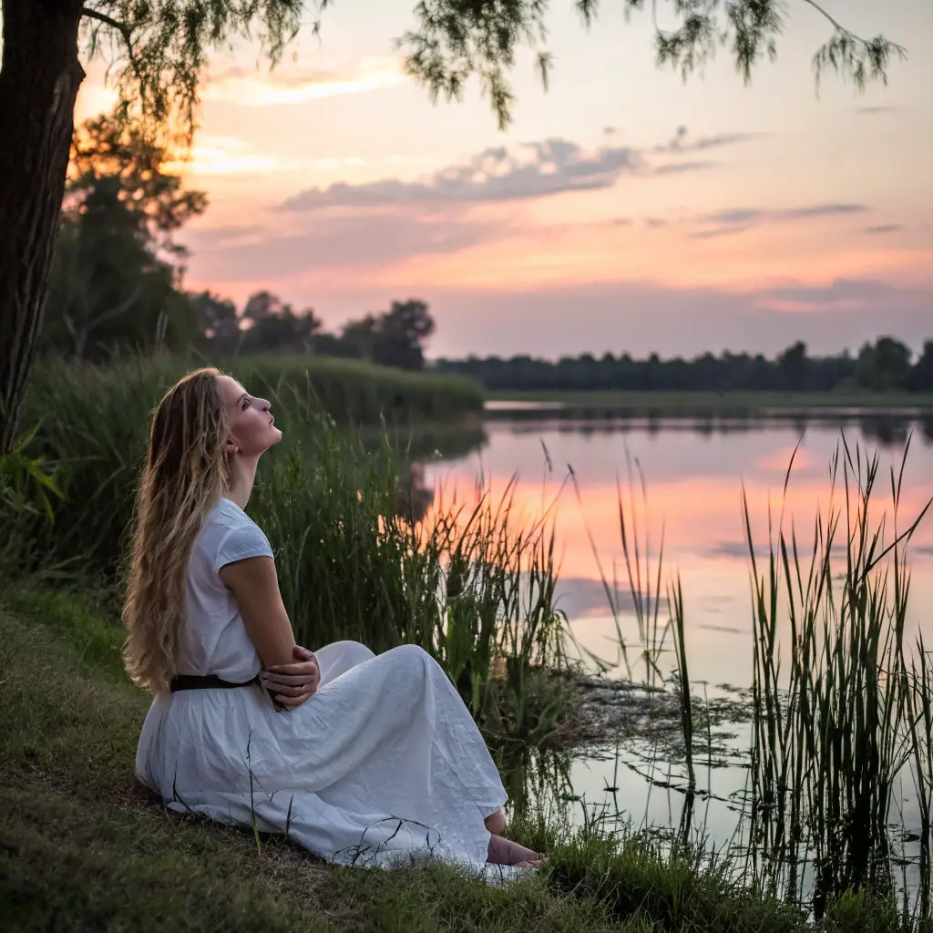 A woman meditating peacefully in a serene natural setting, bathed in soft, warm light.