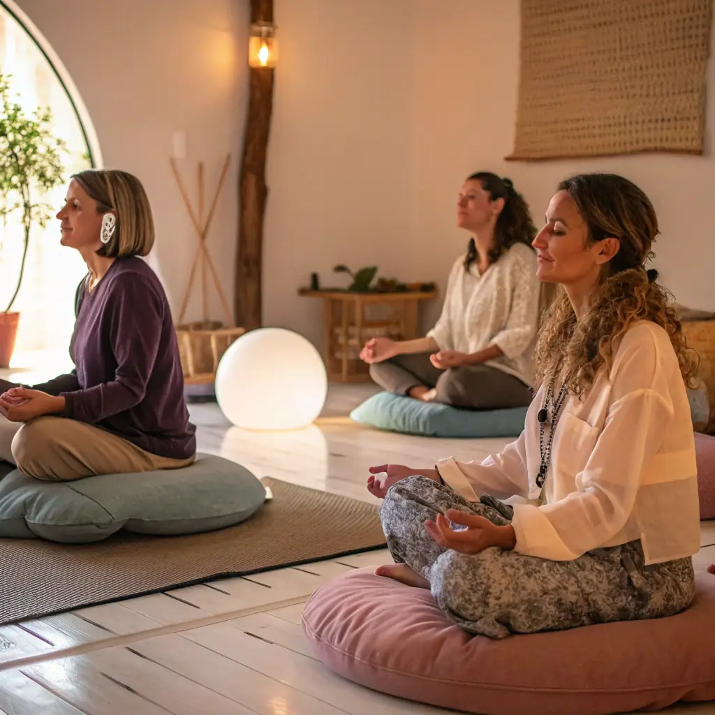 A group of people participating in a hypnobirthing class, practicing relaxation techniques and visualization.