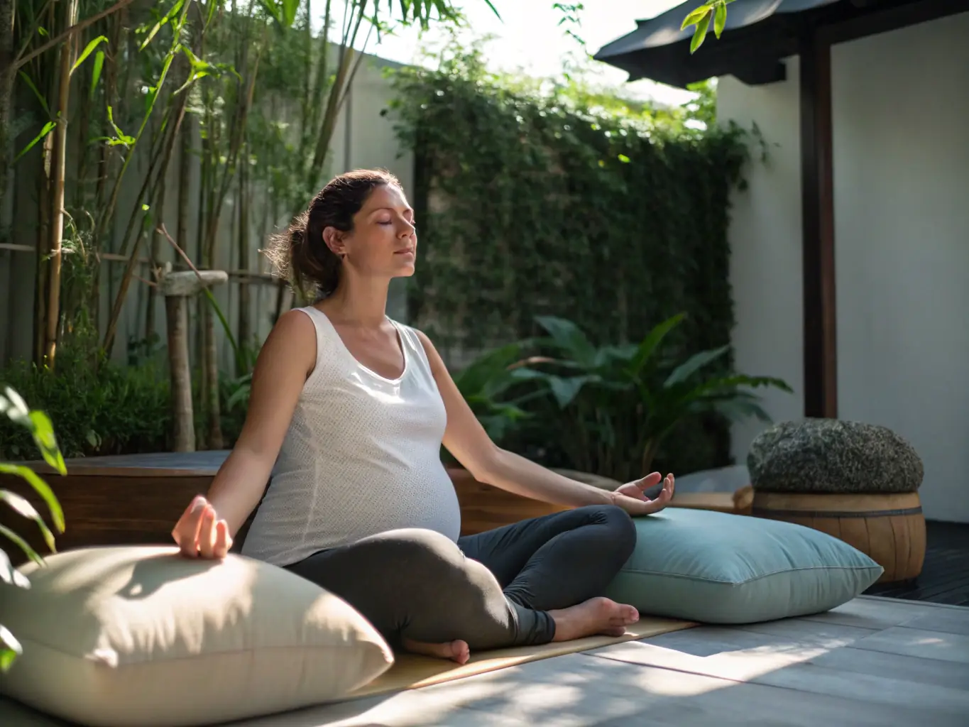 A pregnant woman practicing relaxation techniques in a peaceful setting, visualizing a positive and empowering birth experience.