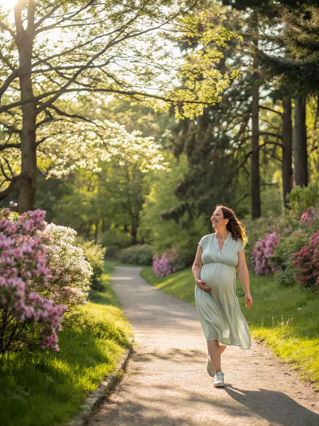 An image of a calm pregnant woman practicing deep breathing in a tranquil setting, illustrating the essence of hypnobirthing.