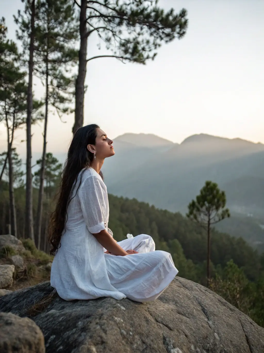 A peaceful scene of a woman meditating outdoors, surrounded by nature, symbolizing harmony and healing in fertility and quantum healing.