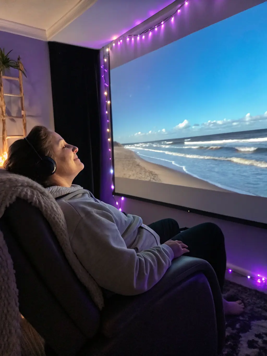 A serene image of a woman in a relaxed state, eyes closed, during a hypnotherapy session, soft lighting, calming environment, representing mental peace and focus.