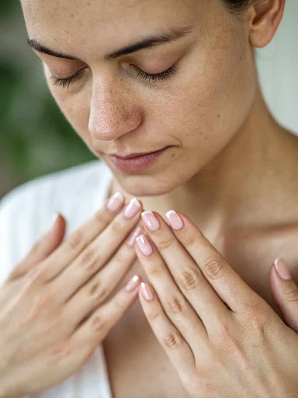 A person gently tapping on acupressure points, clear focus on the hands and face, conveying the simplicity and effectiveness of EFT tapping.