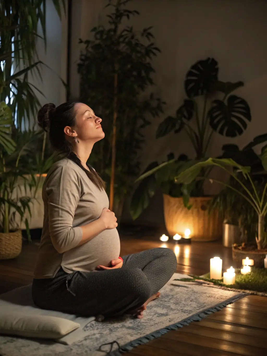 A pregnant woman practicing relaxation techniques, gentle colors, peaceful setting, symbolizing the calm and empowering experience of hypnobirthing.